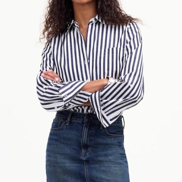 Madewell Easy V-Neck Button Up Shirt Dark Midnight Stripe Size XXS NWT - Picture 1 of 8